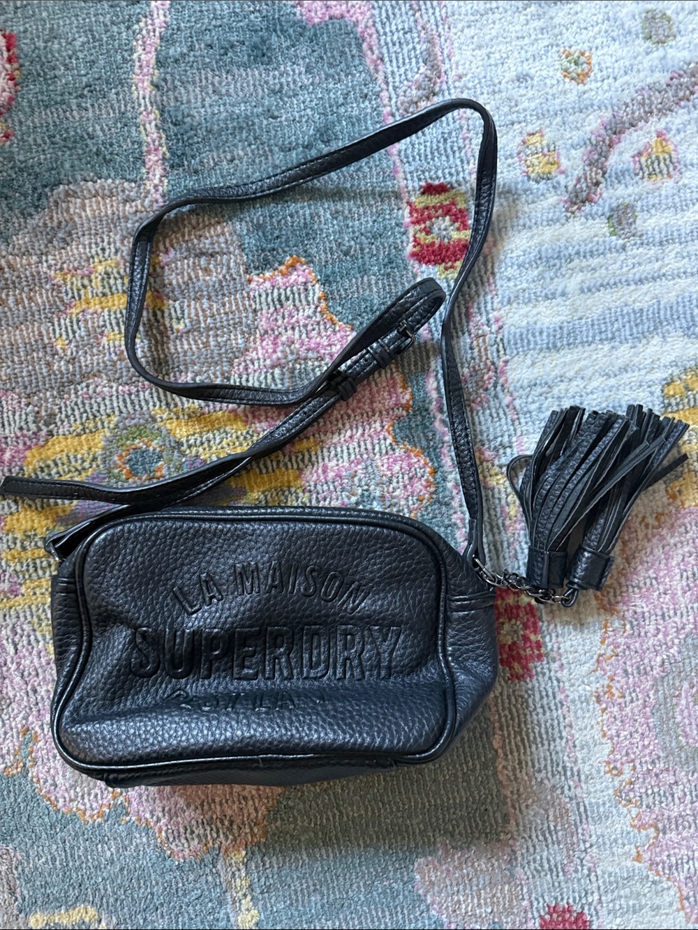Superdry Black Leather Crossbody Bag with Tassel